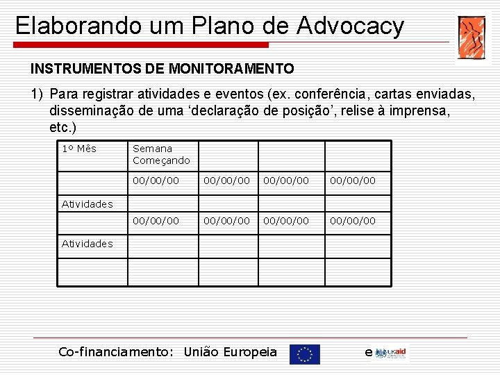 Elaborando um Plano de Advocacy INSTRUMENTOS DE MONITORAMENTO 1) Para registrar atividades e eventos