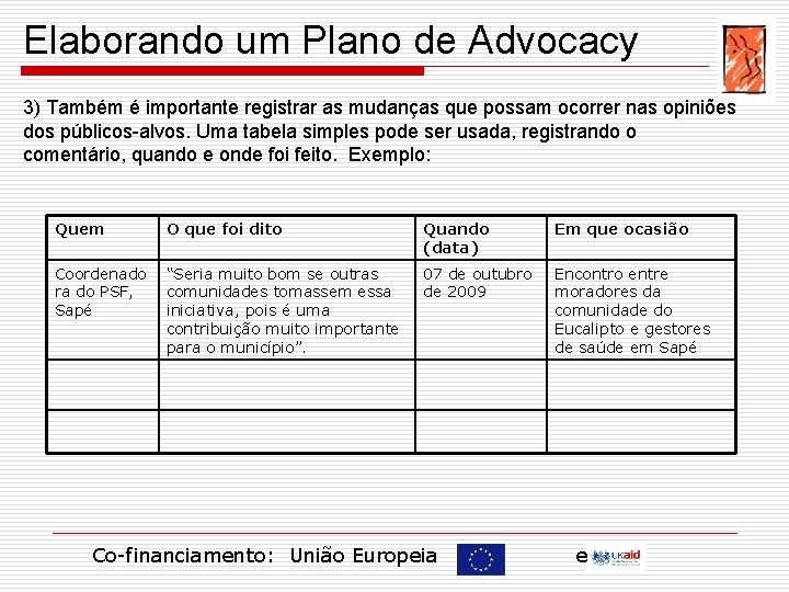 Elaborando um Plano de Advocacy 3) Também é importante registrar as mudanças que possam