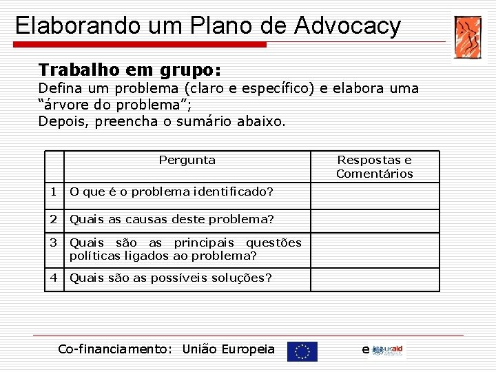 Elaborando um Plano de Advocacy Trabalho em grupo: Defina um problema (claro e específico)