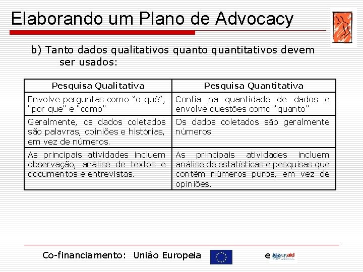 Elaborando um Plano de Advocacy b) Tanto dados qualitativos quanto quantitativos devem ser usados: