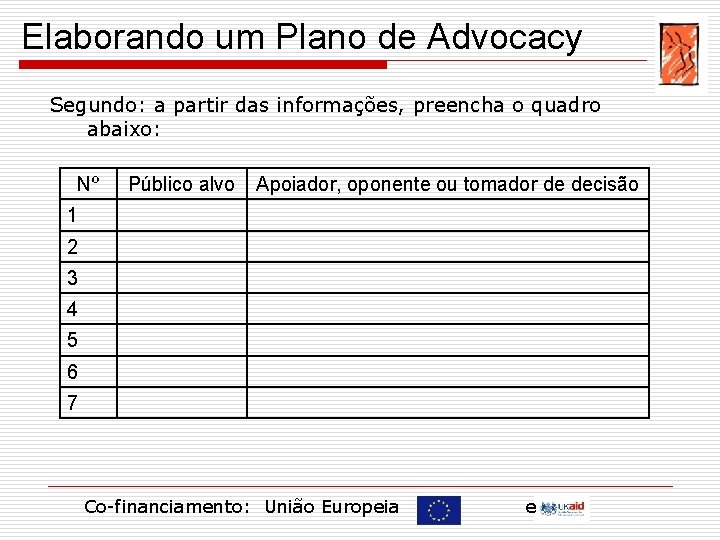 Elaborando um Plano de Advocacy Segundo: a partir das informações, preencha o quadro abaixo: