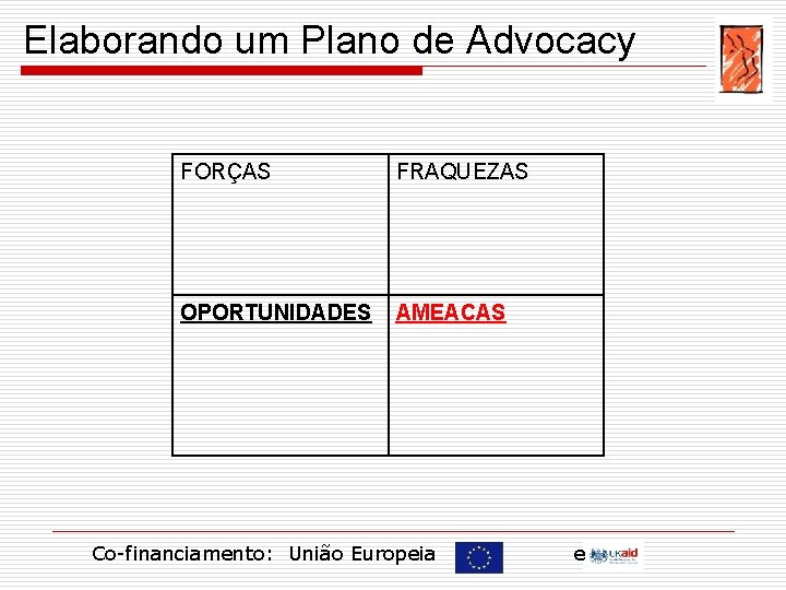 Elaborando um Plano de Advocacy FORÇAS FRAQUEZAS OPORTUNIDADES AMEACAS Co-financiamento: União Europeia e 