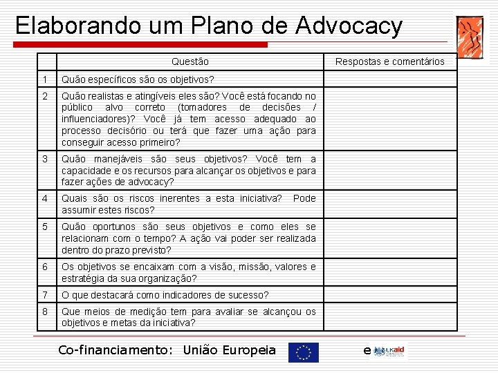 Elaborando um Plano de Advocacy Questão Respostas e comentários 1 Quão específicos são os