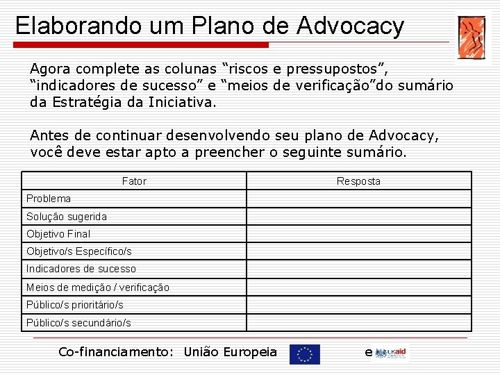 Elaborando um Plano de Advocacy Agora complete as colunas “riscos e pressupostos”, “indicadores de