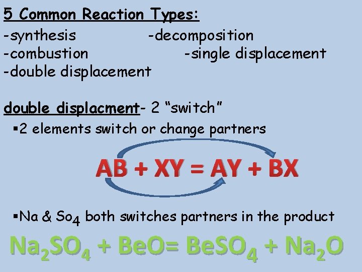 5 Common Reaction Types: -synthesis -decomposition -combustion -single displacement -double displacement double displacment- 2