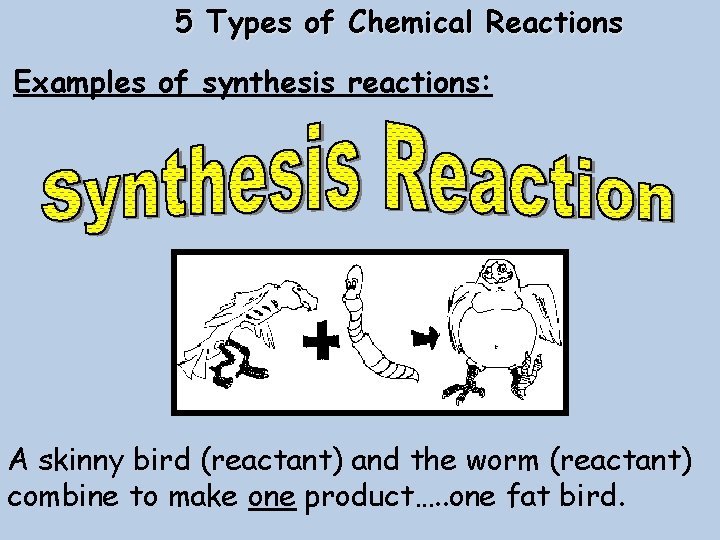 5 Types of Chemical Reactions Examples of synthesis reactions: A skinny bird (reactant) and