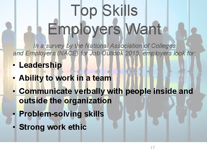 Top Skills Employers Want In a survey by the National Association of Colleges and