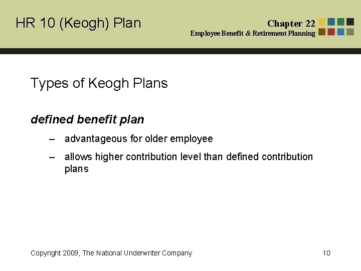 HR 10 (Keogh) Plan Chapter 22 Employee Benefit & Retirement Planning Types of Keogh