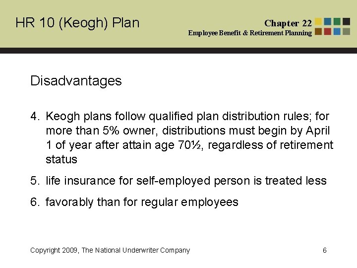 HR 10 (Keogh) Plan Chapter 22 Employee Benefit & Retirement Planning Disadvantages 4. Keogh