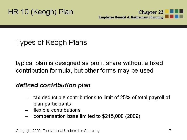 HR 10 (Keogh) Plan Chapter 22 Employee Benefit & Retirement Planning Types of Keogh