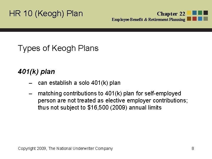 HR 10 (Keogh) Plan Chapter 22 Employee Benefit & Retirement Planning Types of Keogh