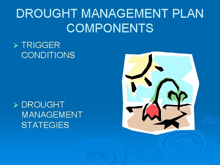 DROUGHT MANAGEMENT PLAN COMPONENTS Ø TRIGGER CONDITIONS Ø DROUGHT MANAGEMENT STATEGIES 