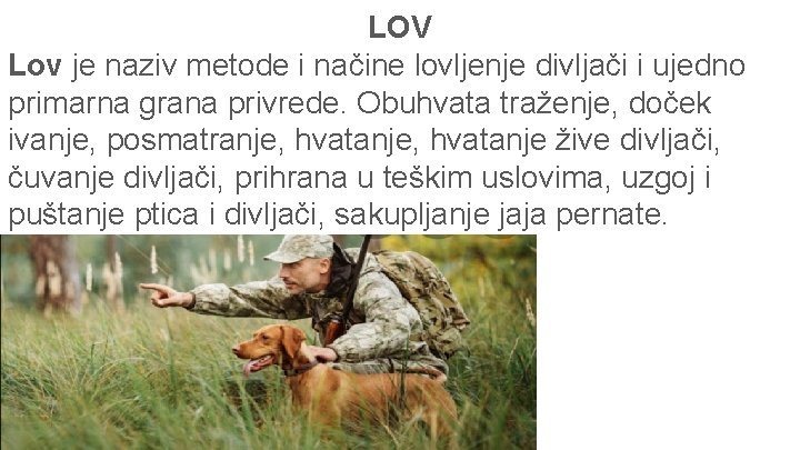 LOV Lov je naziv metode i načine lovljenje divljači i ujedno primarna grana privrede.