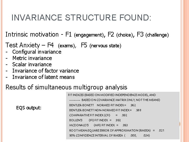 INVARIANCE STRUCTURE FOUND: Intrinsic motivation - F 1 Test Anxiety – F 4 -