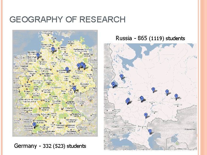 GEOGRAPHY OF RESEARCH Russia - 865 (1119) students Germany - 332 (523) students 