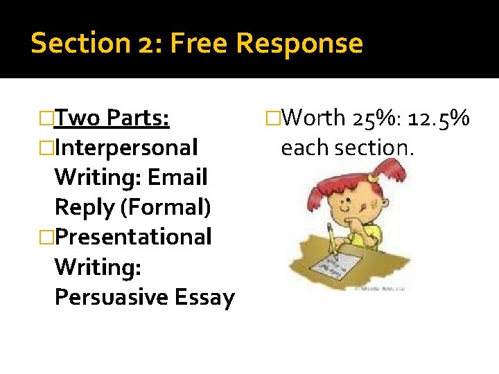 Section 2: Free Response �Two Parts: �Interpersonal Writing: Email Reply (Formal) �Presentational Writing: Persuasive