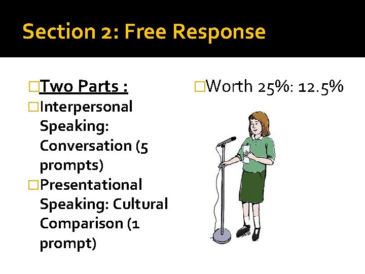 Section 2: Free Response �Two Parts : �Interpersonal Speaking: Conversation (5 prompts) �Presentational Speaking: