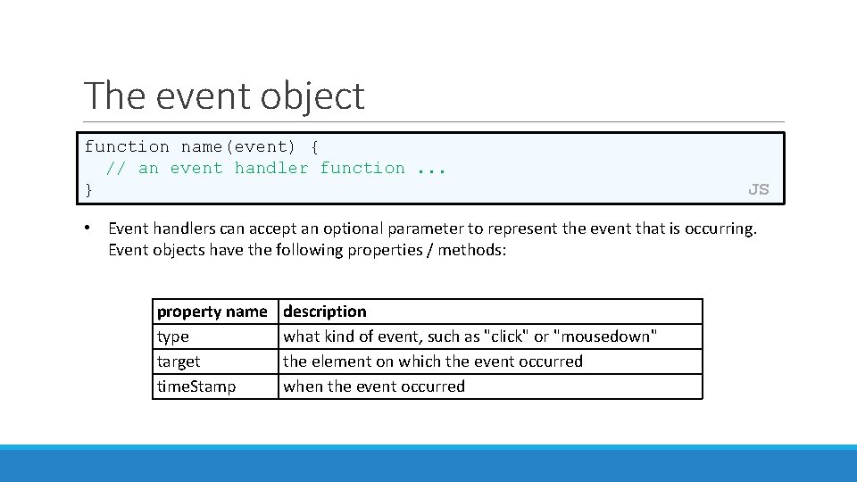 The event object function name(event) { // an event handler function. . . } The event object function name(event) { // an event handler function. . . }