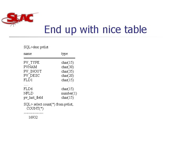 End up with nice table SQL>desc pvlist name type ============= PV_TYPE char(15) PVNAM char(30)