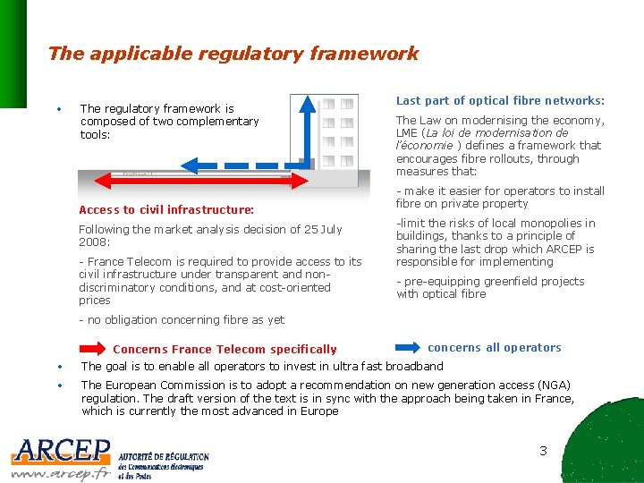 The applicable regulatory framework • The regulatory framework is composed of two complementary tools: