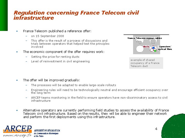 Regulation concerning France Telecom civil infrastructure • • France Telecom published a reference offer: