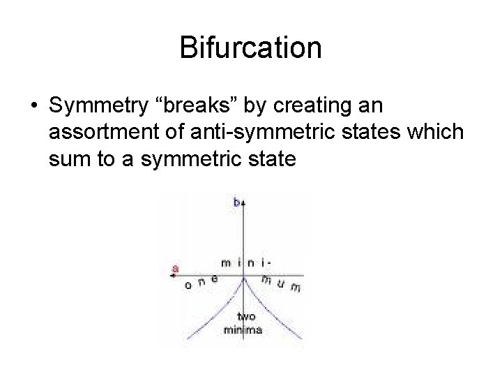 Bifurcation • Symmetry “breaks” by creating an assortment of anti-symmetric states which sum to