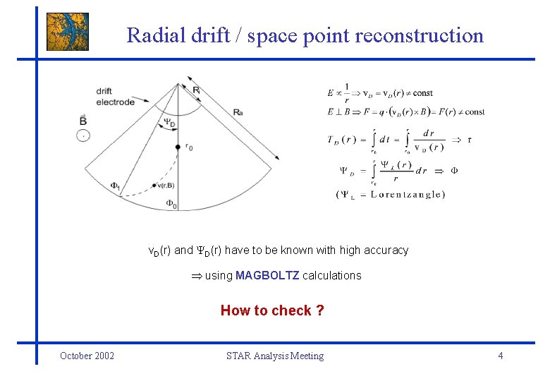 Radial drift / space point reconstruction v. D(r) and D(r) have to be known