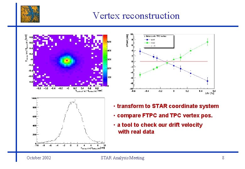 Vertex reconstruction • transform to STAR coordinate system • compare FTPC and TPC vertex