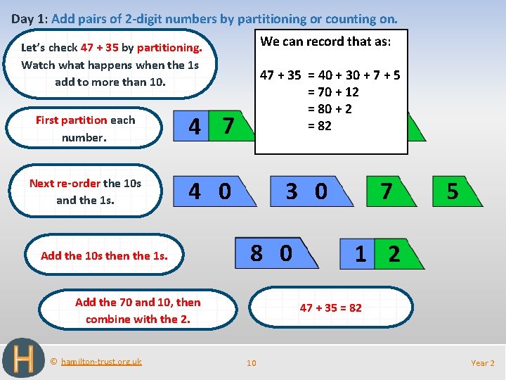 Calculation Add by partitioning or counting on Objectives