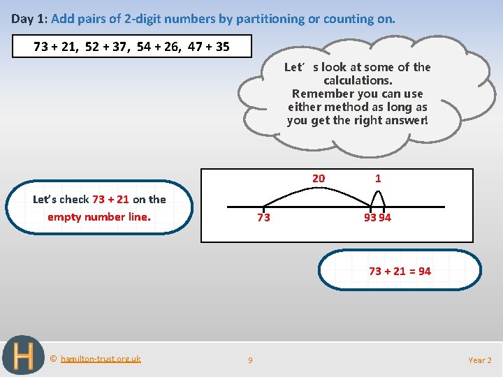 Calculation Add by partitioning or counting on Objectives