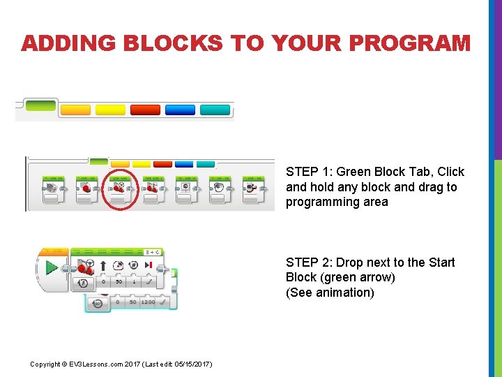 ADDING BLOCKS TO YOUR PROGRAM STEP 1: Green Block Tab, Click and hold any