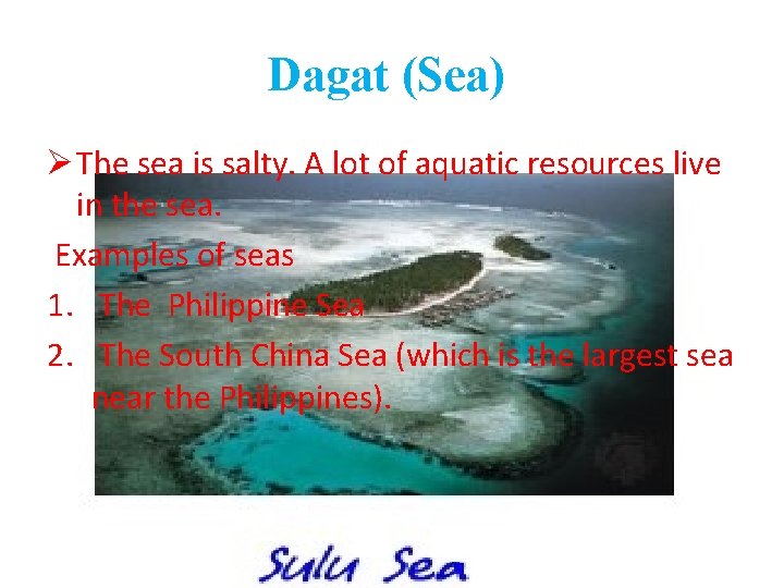 Dagat (Sea) Ø The sea is salty. A lot of aquatic resources live in