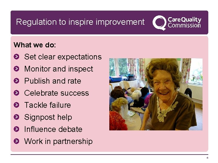 Regulation to inspire improvement What we do: Set clear expectations Monitor and inspect Publish