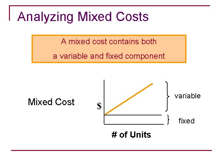 Analyzing Mixed Costs A mixed cost contains both a variable and fixed component Mixed