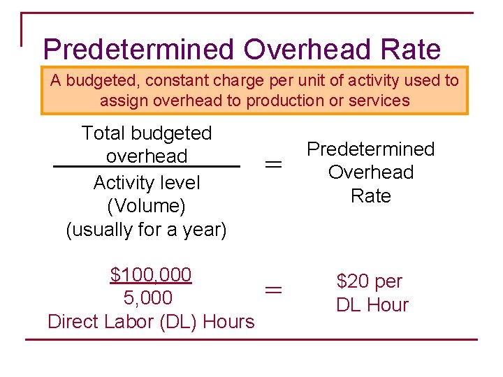 Predetermined Overhead Rate A budgeted, constant charge per unit of activity used to assign