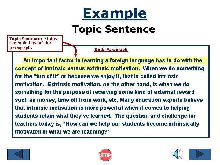 Example Topic Sentence: states the main idea of the paragraph. Body Paragraph An important