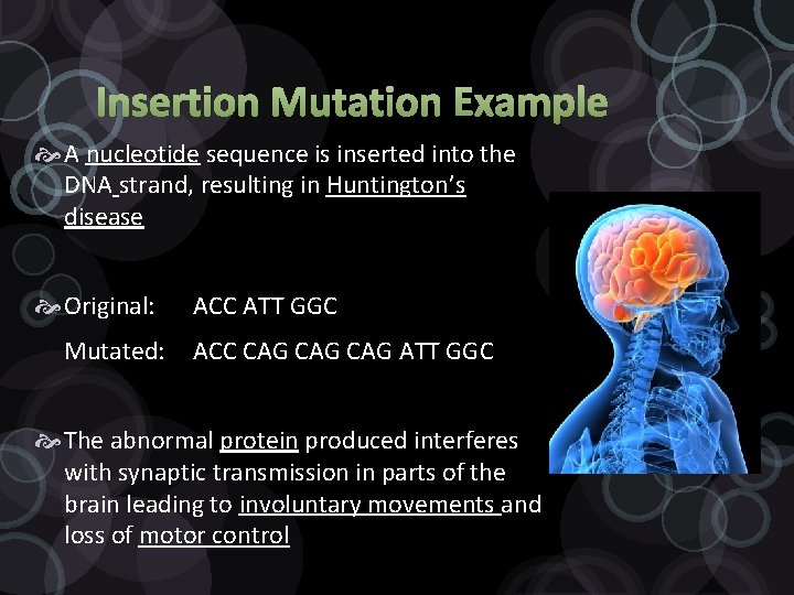Insertion Mutation Example A nucleotide sequence is inserted into the DNA strand, resulting in