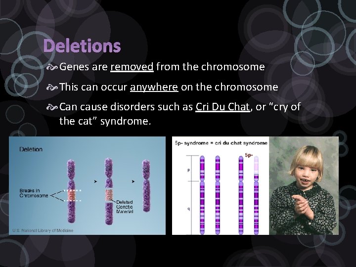 Deletions Genes are removed from the chromosome This can occur anywhere on the chromosome