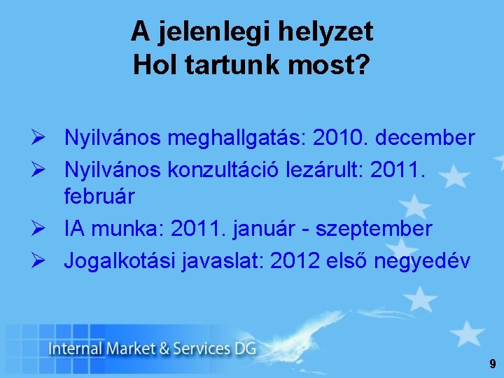 A jelenlegi helyzet Hol tartunk most? Ø Nyilvános meghallgatás: 2010. december Ø Nyilvános konzultáció