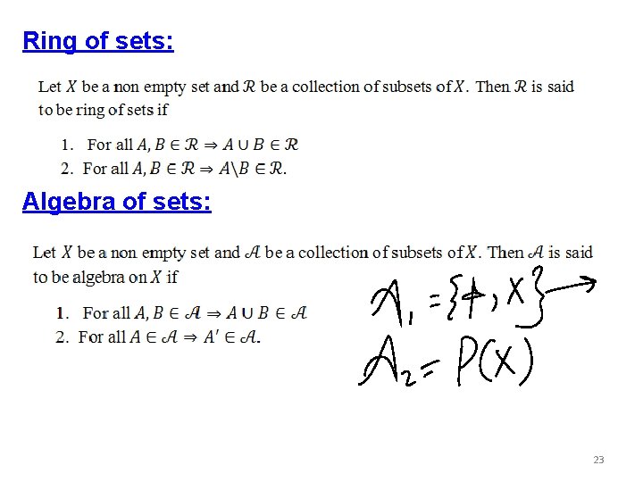 Ring of sets: Algebra of sets: 23 