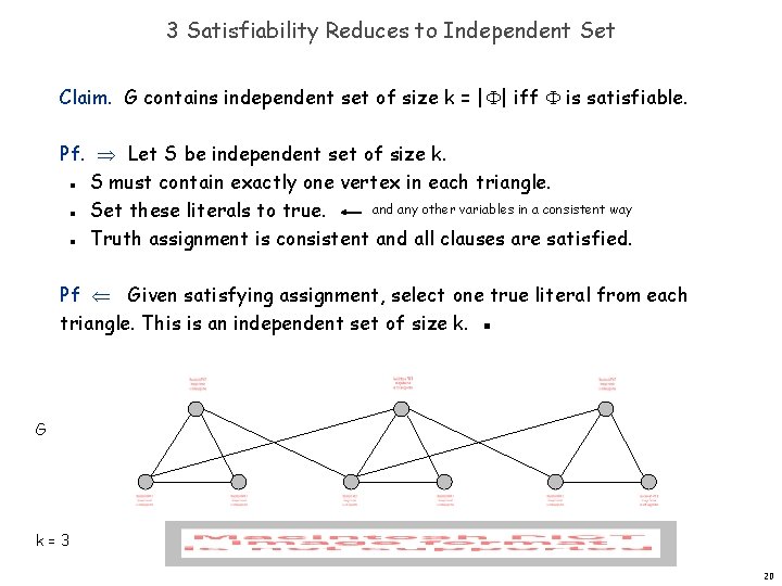 3 Satisfiability Reduces to Independent Set Claim. G contains independent set of size k