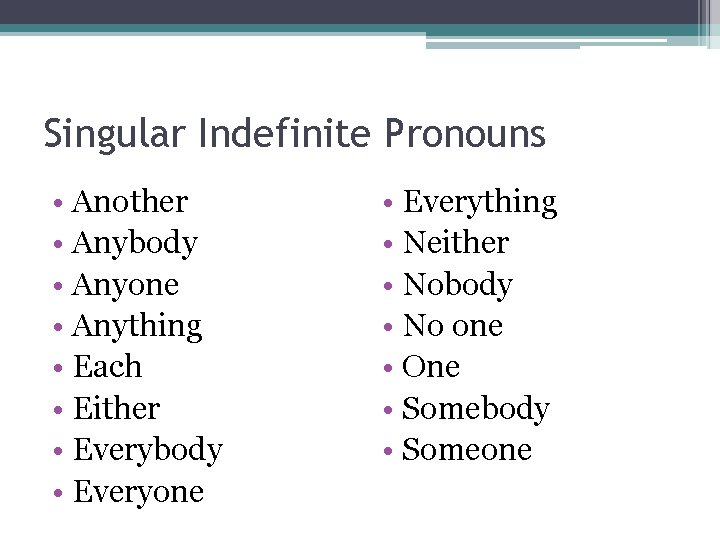 Singular Indefinite Pronouns • Another • Anybody • Anyone • Anything • Each •