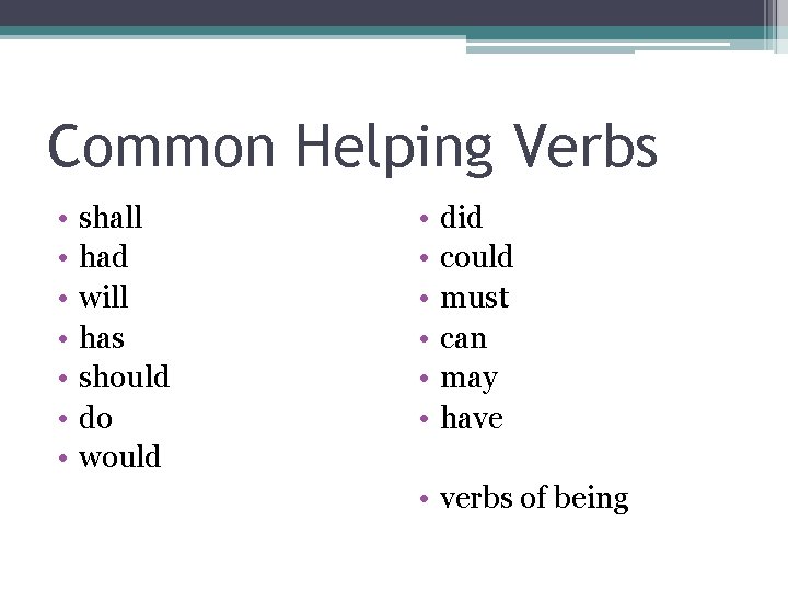 Common Helping Verbs • • shall had will has should do would • •