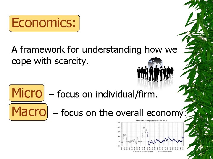 Economics: A framework for understanding how we cope with scarcity. Micro – focus on