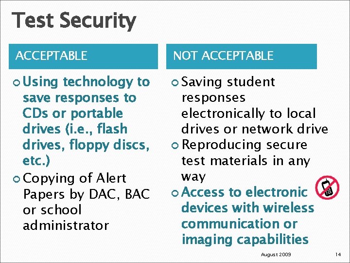 Test Security ACCEPTABLE Using technology to save responses to CDs or portable drives (i.