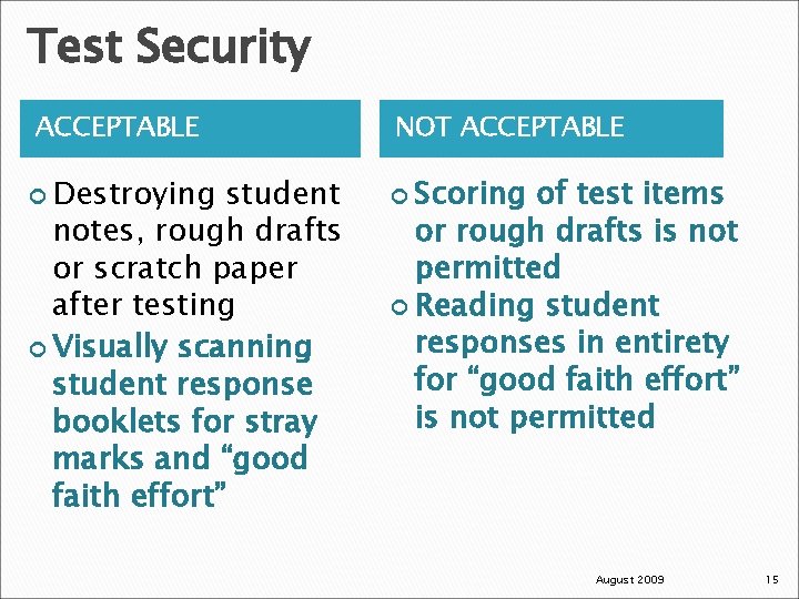 Test Security ACCEPTABLE Destroying student notes, rough drafts or scratch paper after testing Visually