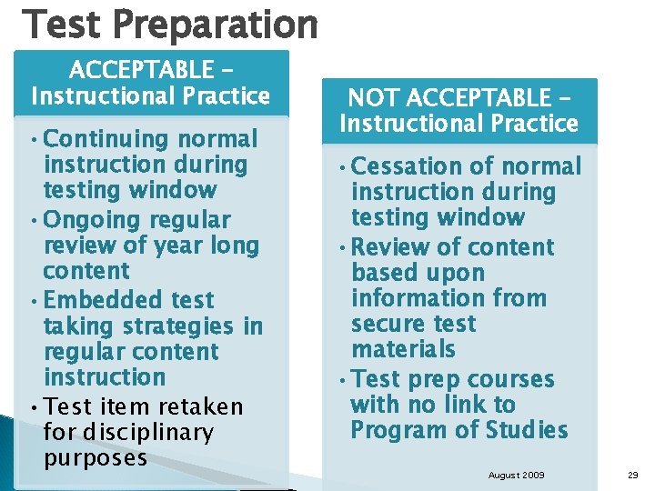 Test Preparation ACCEPTABLE – Instructional Practice • Continuing normal instruction during testing window •