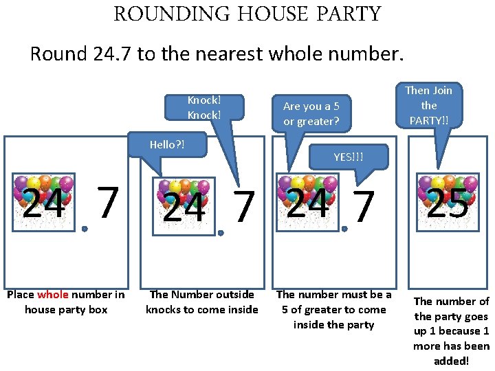 ROUNDING HOUSE PARTY Round 24. 7 to the nearest whole number. Knock! Hello? ! ROUNDING HOUSE PARTY Round 24. 7 to the nearest whole number. Knock! Hello? !