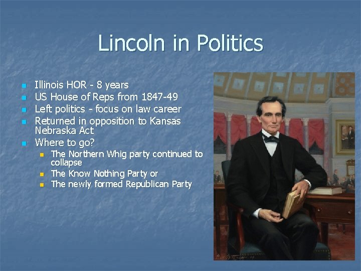 Lincoln in Politics n n n Illinois HOR - 8 years US House of