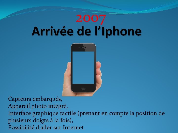 2007 Arrivée de l’Iphone Capteurs embarqués, Appareil photo intégré, Interface graphique tactile (prenant en
